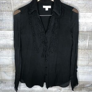 Coldwater Creek black 100% silk ruffle front button up career office top